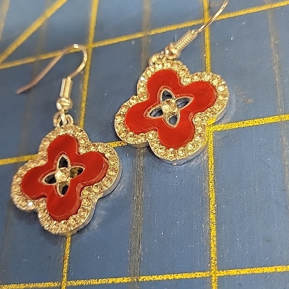 Silver Tone & Red Enamel Floral Earrings New